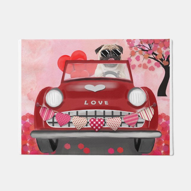 Felpudo Carro de perro con corazón de San Valentín (Anverso)