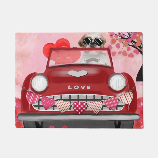 Felpudo Carro de perro shih tzu con corazón de San Valentí (Anverso)