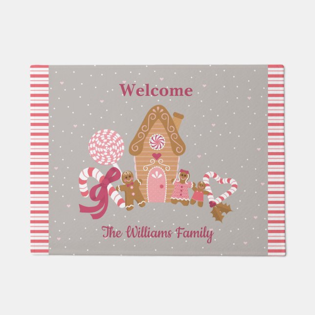 Felpudo Casa de Gingerbread Cuadros Candy Cane Gray Pink (Anverso)