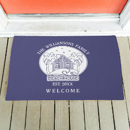 Felpudo Casa de la playa de bienvenida con nombre azul y b