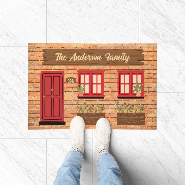 Felpudo Casa de ladrillo con Personalizado de puerta roja  (Interior)