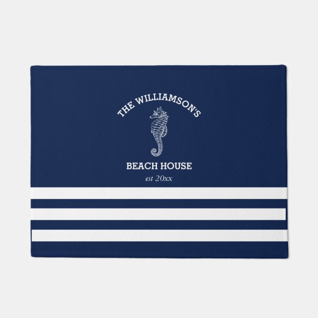 Felpudo Casa de playa de rayas blancas y azules | Caballit (Anverso)