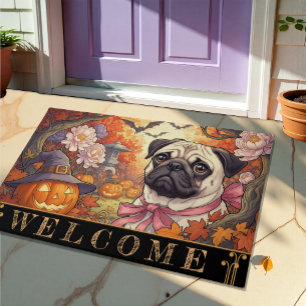 Felpudo Casa de Pug Dog & Halloween Art Nuovo / Otoño