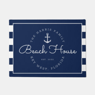Felpudo Casa náutica de playa de bienvenida con franjas d