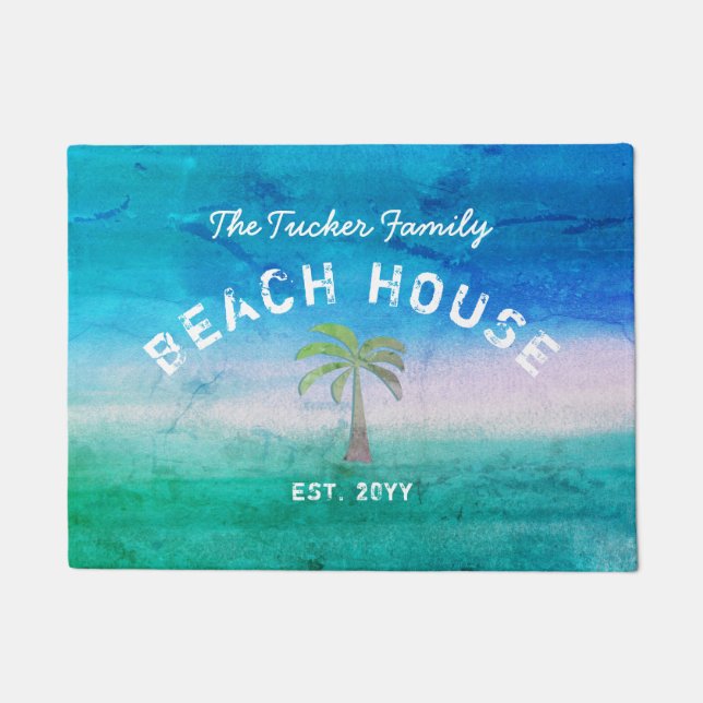 Felpudo Casa Tropical de Bienvenida Ocean Blue Green Beach (Anverso)