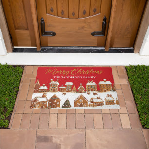 Felpudo Casas de Gingerbread Feliz Navidad Saludos Rojos
