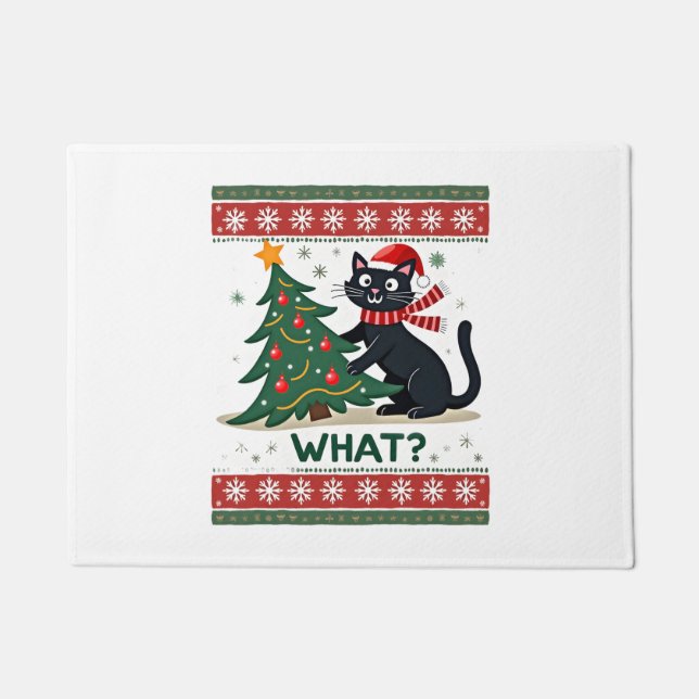 Felpudo Cat What Funny Black Cat Pushing Christmas Tree Ug (Anverso)