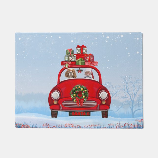 Felpudo Cavalier King Dog En Coche Con Santa Claus (Anverso)