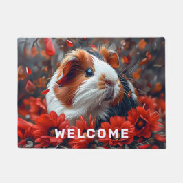 Felpudo Cerdo guineano entre flores rojas