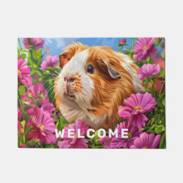 Felpudo Cerdos de Guinea entre flores rosadas