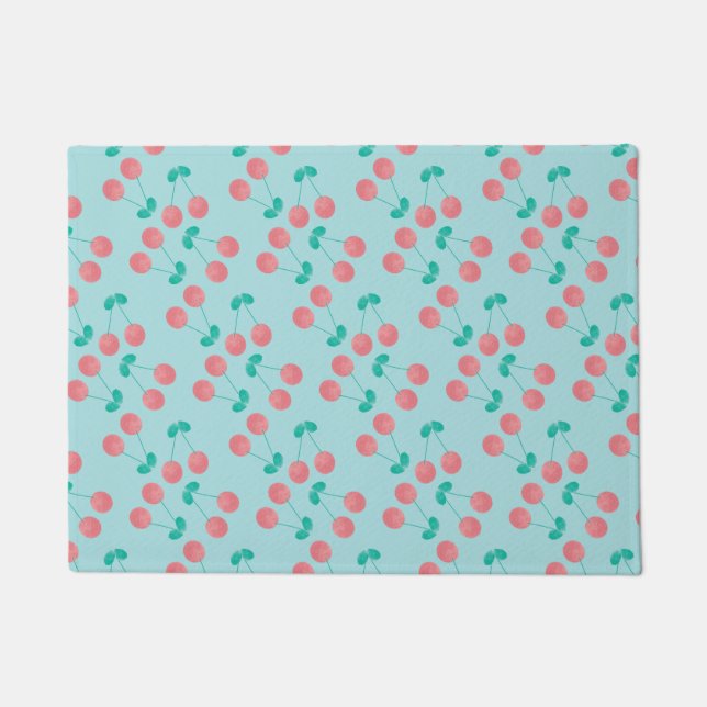Felpudo Cerezas Pintadas a Mano Acuarela Rosa Turquesa (Anverso)