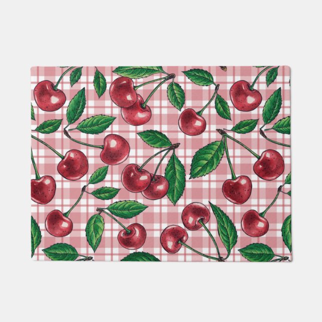 Felpudo Cerezas rojas en gingham rosa (Anverso)