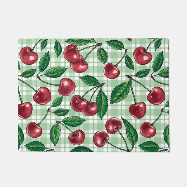 Felpudo Cerezas rojas en gingham verde claro (Anverso)