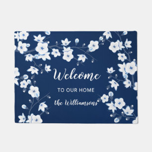 Felpudo Cerezos Navy Azul Blanco Bienvenida Personalizada