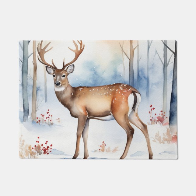 Felpudo Cerveza En La Selva Nevada Árboles Navideños Acuar (Anverso)