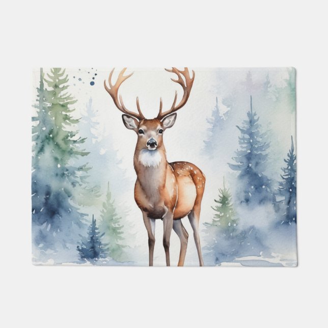 Felpudo Cerveza En La Selva Nevada Árboles Navideños Acuar (Anverso)