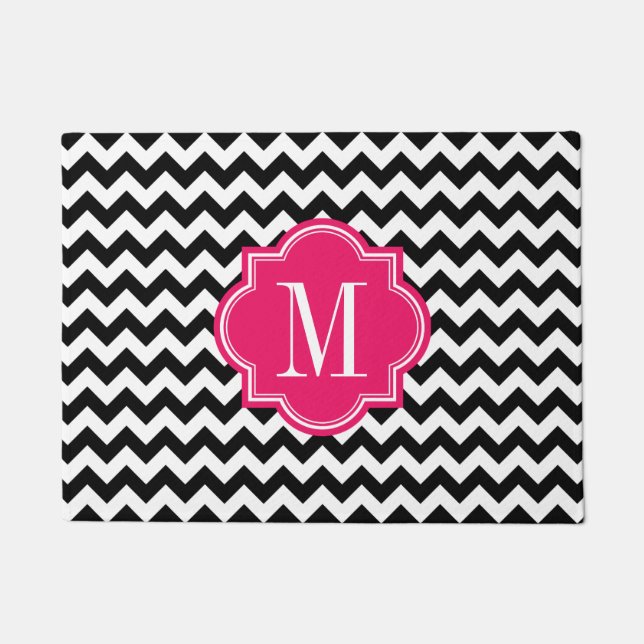 Felpudo Chevron blanco y negro con el monograma de las (Anverso)
