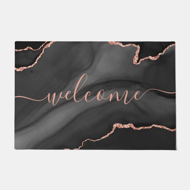 Felpudo Chic Gray Agate Pink Glitter Script Welcome (Anverso)