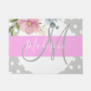 Felpudo Chic y femenino floral blanco rosa gris monograma