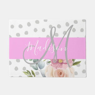 Felpudo Chic y femenino monograma nombre Flor Blanca Rosa