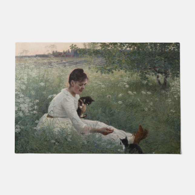 Felpudo Chica con gatos en un paisaje veraniego (gatitos) (Anverso)