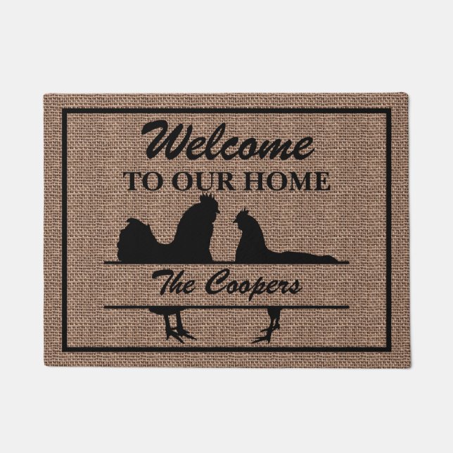 Felpudo Chicken Rooster Family Split Monograma Burlap (Anverso)