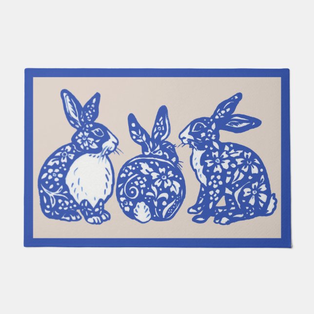 Felpudo Chinoiserie Rabbit Blue White Bunny Dedham Delft (Anverso)