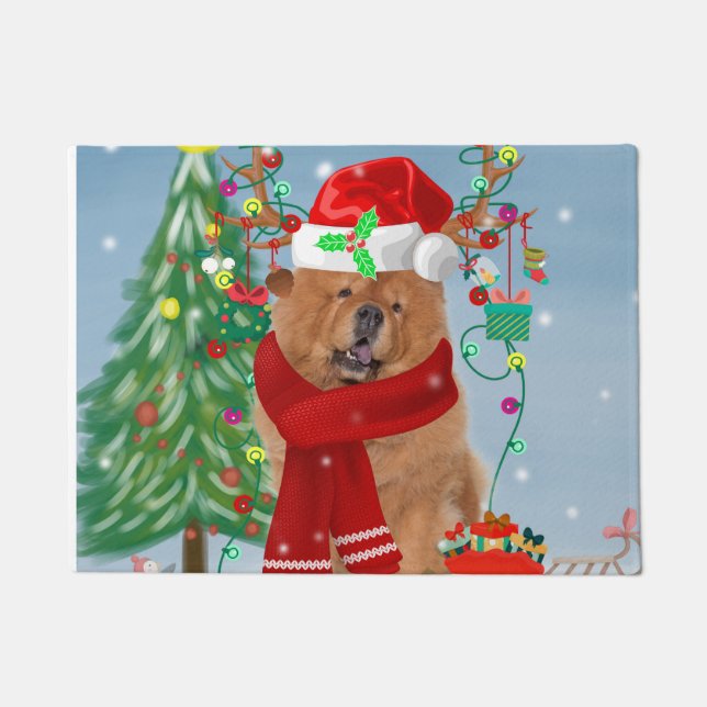 Felpudo Chow Chow Dog en nieve con regalos de Navidades (Anverso)