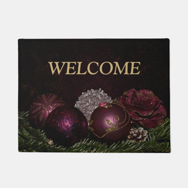 Felpudo Christmas Party Pink Ornament Green Leaves Black (Anverso)