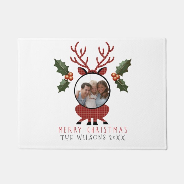 Felpudo Christmas Plaid Reindeer with Personalized Photo (Anverso)