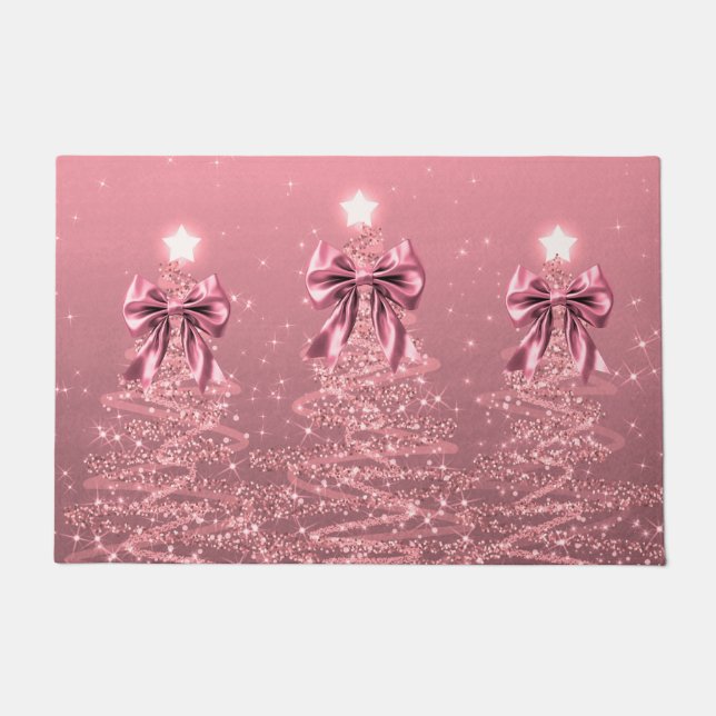 Felpudo Christmas Sparkling Trees Blush Pink Faux Bow  (Anverso)