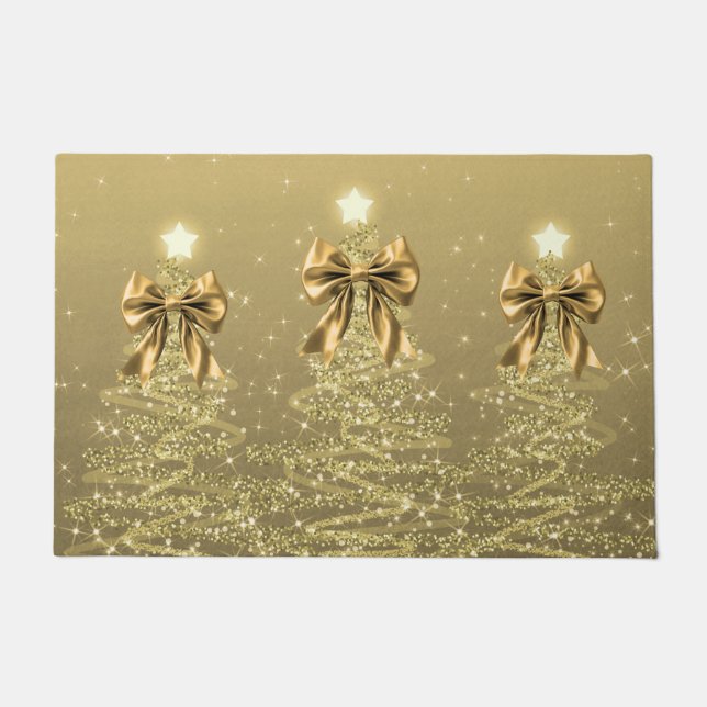 Felpudo Christmas Sparkling Trees Gold Faux Bow  (Anverso)