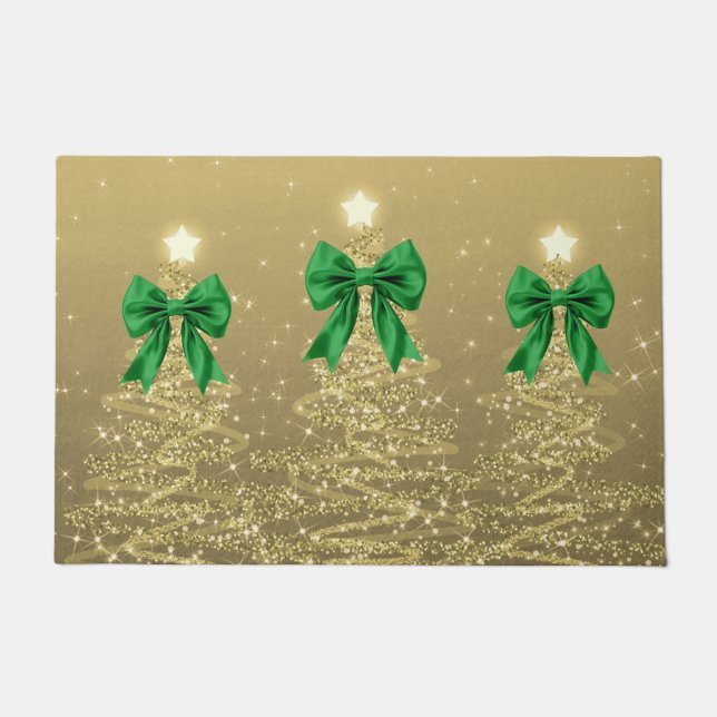 Felpudo Christmas Sparkling Trees Gold Faux Green Bow  (Anverso)