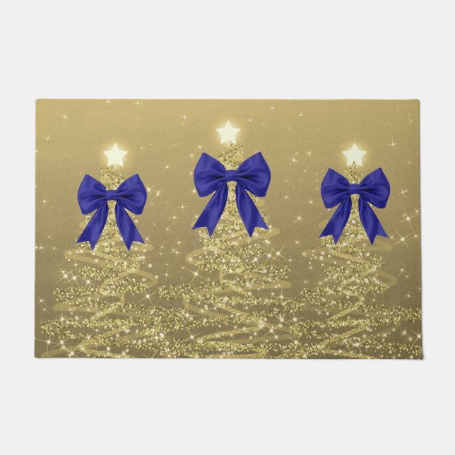 Felpudo Christmas Sparkling Trees Gold Faux Navy Bow  (Anverso)