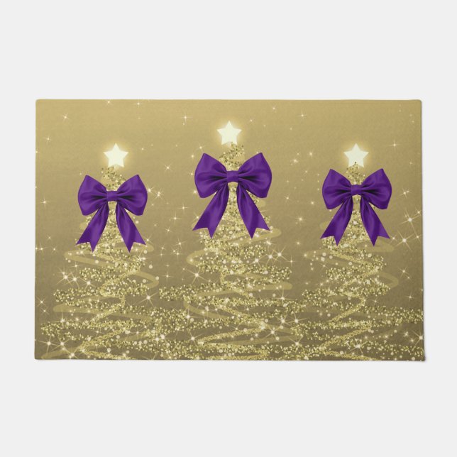 Felpudo Christmas Sparkling Trees Gold Faux Purple Bow  (Anverso)