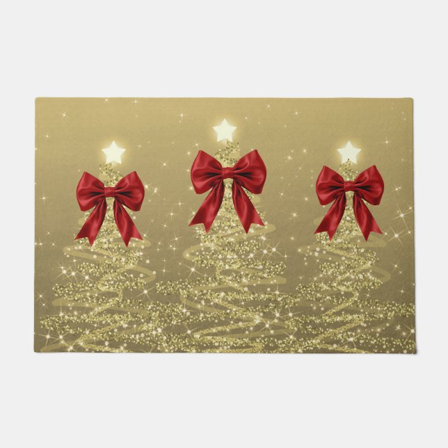 Felpudo Christmas Sparkling Trees Gold Faux Red Bow  (Anverso)