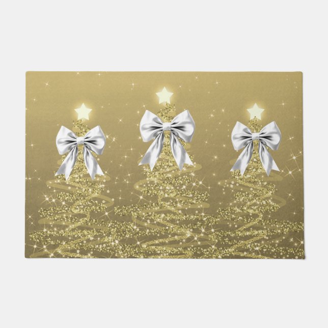 Felpudo Christmas Sparkling Trees Gold Faux Silver Bow  (Anverso)