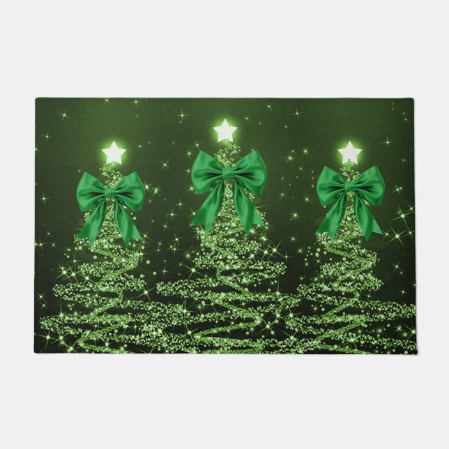 Felpudo Christmas Sparkling Trees Green Faux Bow  (Anverso)