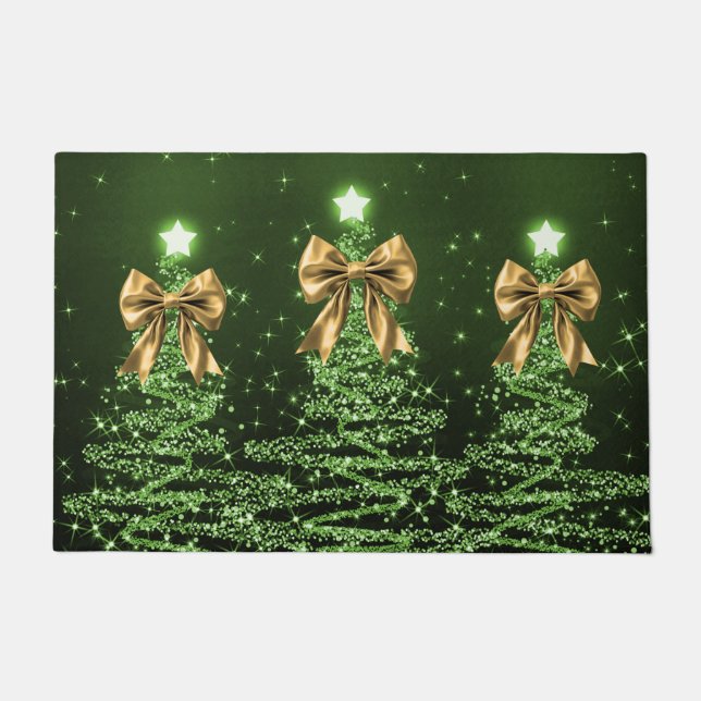 Felpudo Christmas Sparkling Trees Green Faux Gold Bow  (Anverso)