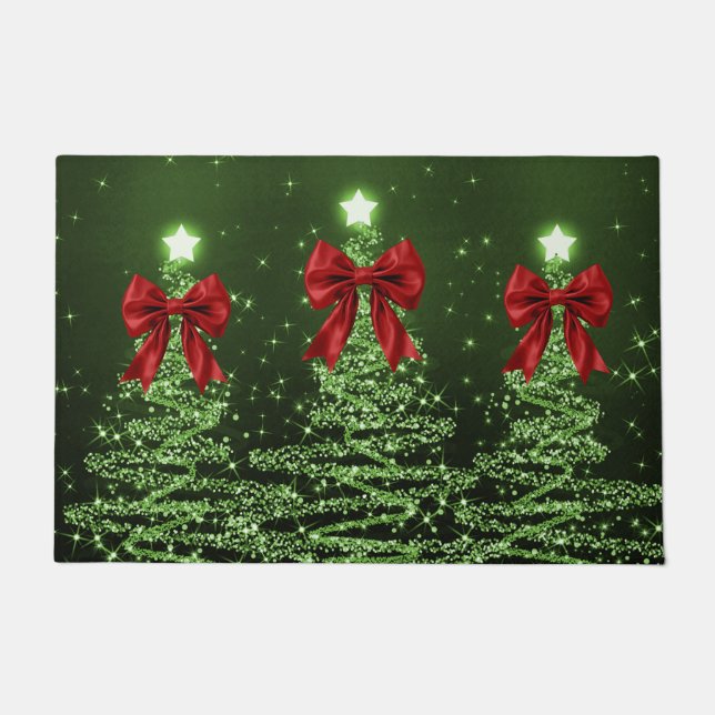 Felpudo Christmas Sparkling Trees Green Faux Red Bow  (Anverso)