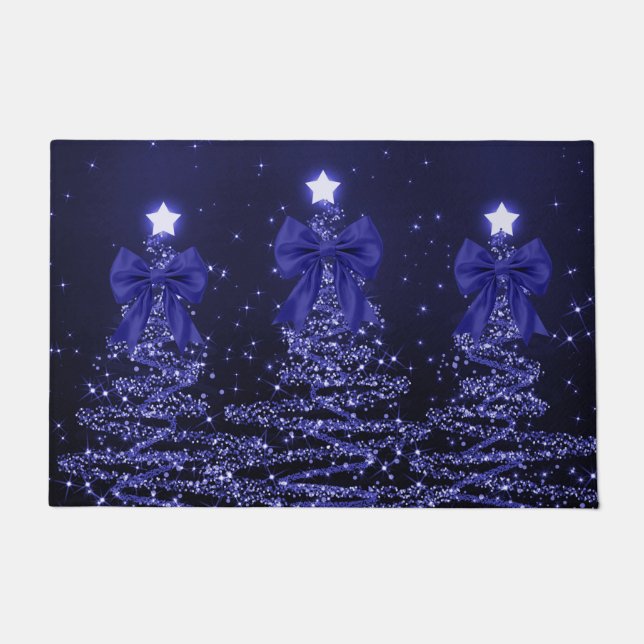 Felpudo Christmas Sparkling Trees Navy Blue Faux Bow  (Anverso)