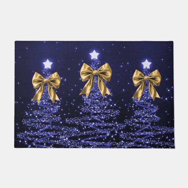 Felpudo Christmas Sparkling Trees Navy Blue Faux Gold Bow  (Anverso)