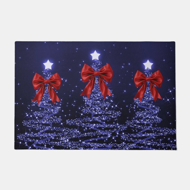 Felpudo Christmas Sparkling Trees Navy Blue Faux Red Bow  (Anverso)