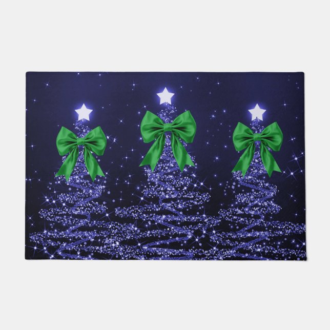 Felpudo Christmas Sparkling Trees Navy Blue Green Bow  (Anverso)