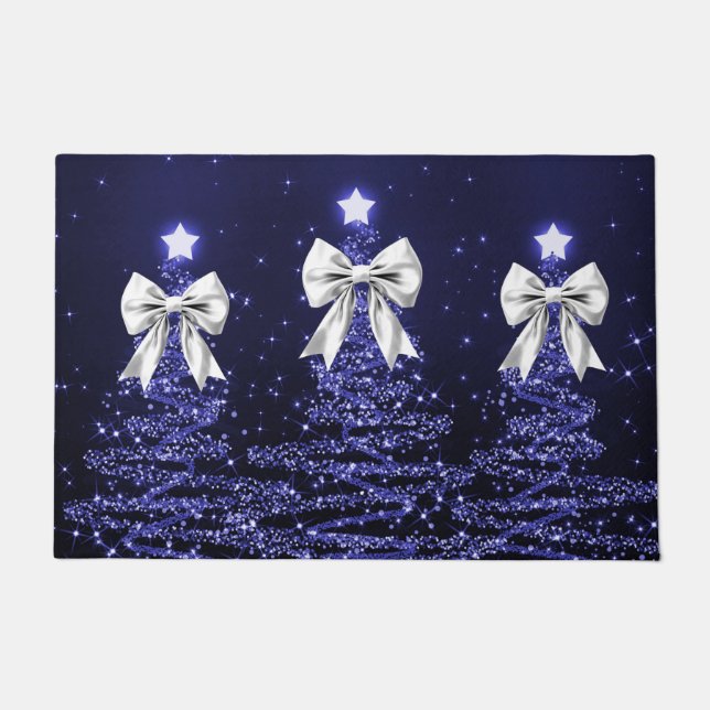 Felpudo Christmas Sparkling Trees Navy Faux Silver Bow  (Anverso)