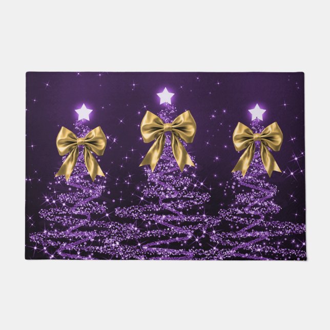 Felpudo Christmas Sparkling Trees Purple Faux Gold Bow  (Anverso)
