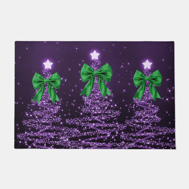 Felpudo Christmas Sparkling Trees Purple Faux Green Bow  (Anverso)