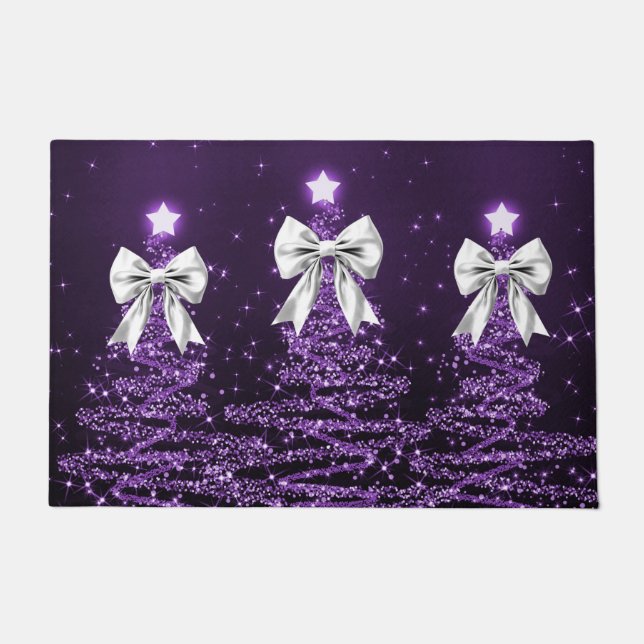 Felpudo Christmas Sparkling Trees Purple Faux Silver Bow  (Anverso)