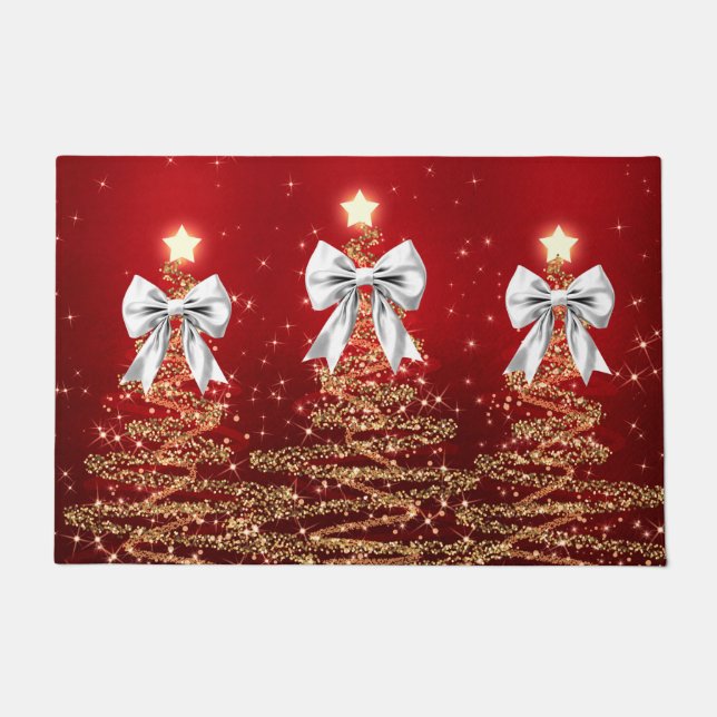 Felpudo Christmas Sparkling Trees Red Gold Silver Bow  (Anverso)