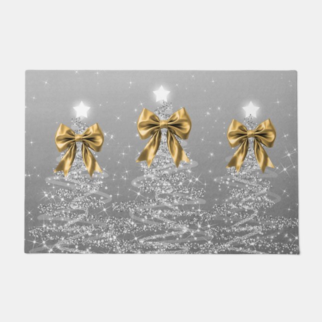 Felpudo Christmas Sparkling Trees Silver Faux Gold Bow  (Anverso)